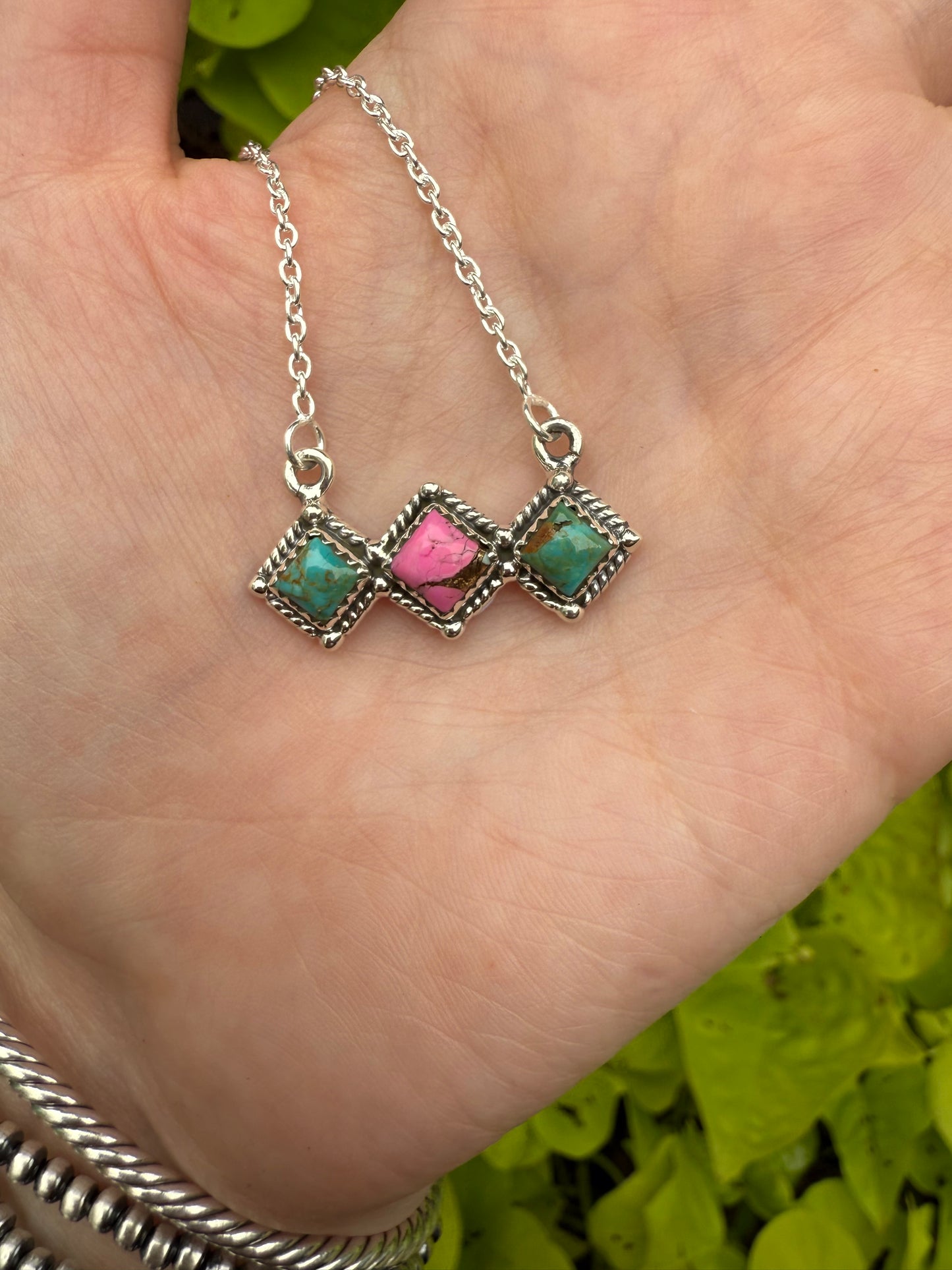 Cotton Candy And Turquoise Diamond Bar Necklace