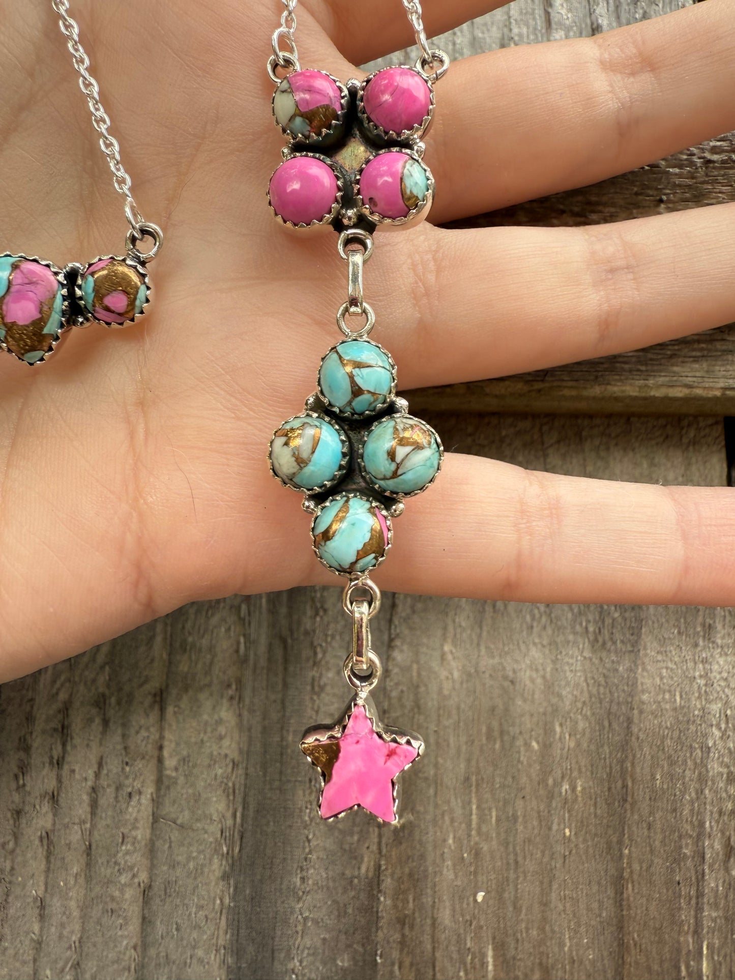 Cotton Candy Turquoise Sterling Silver Bar and Lariat Necklace