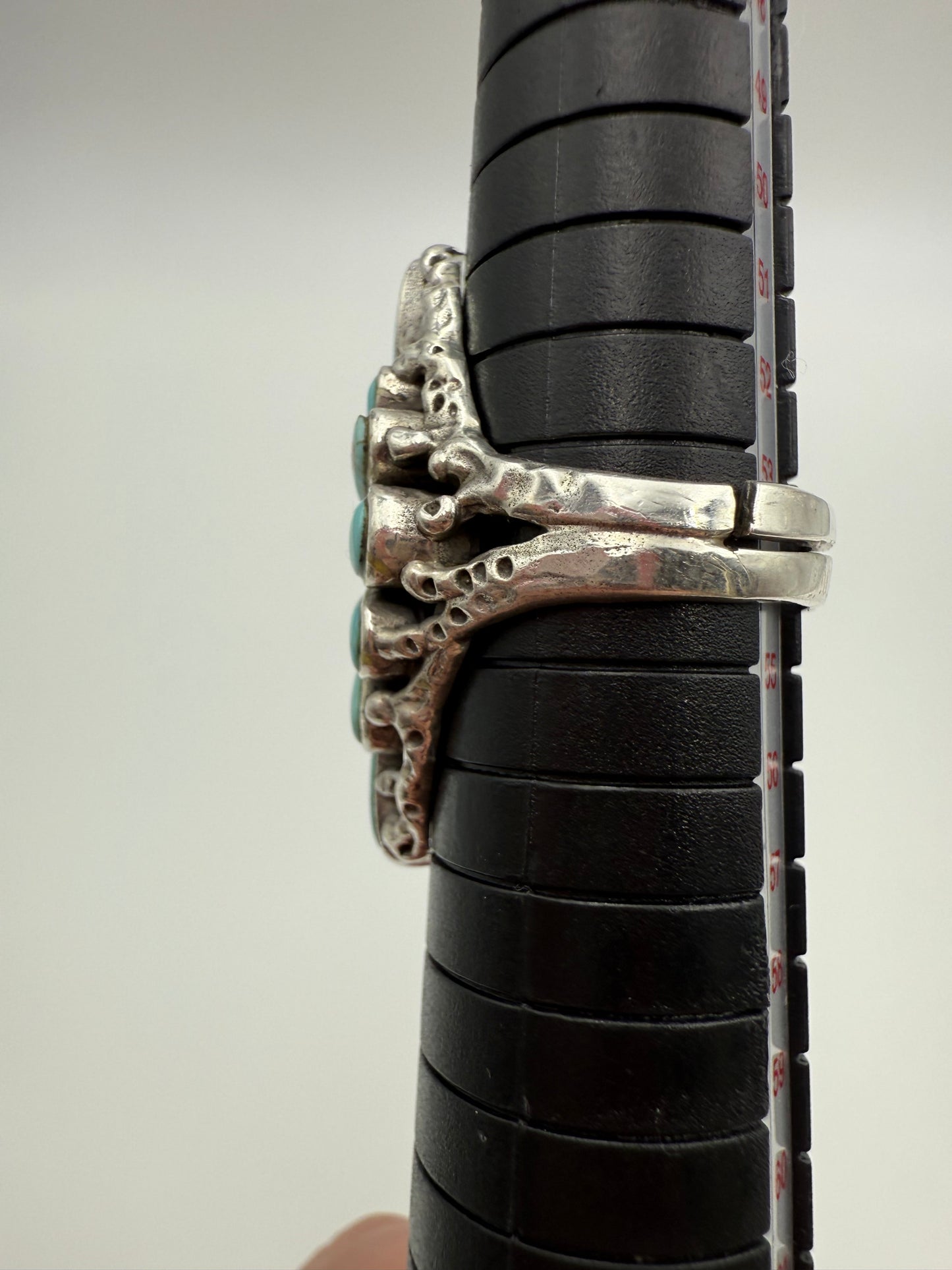 Inlayed Turquoise Statement Flower Sterling Silver Ring - Size 7 Adjustable