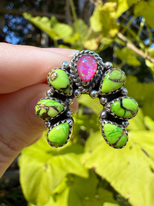 Lime Green Dahlia And Hot Pink Opal Sterling Silver Ring
