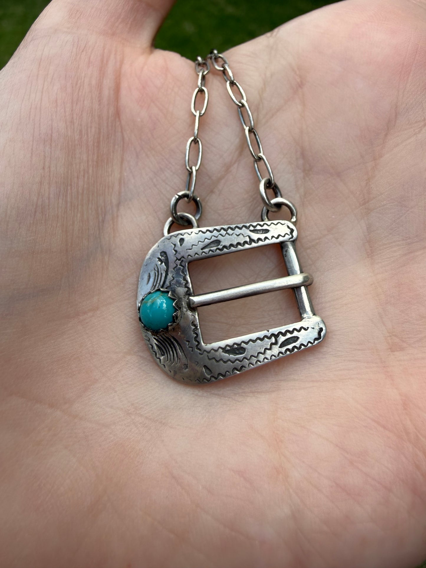 Navajo Turquoise Belt Buckle Sterling Silver Necklace