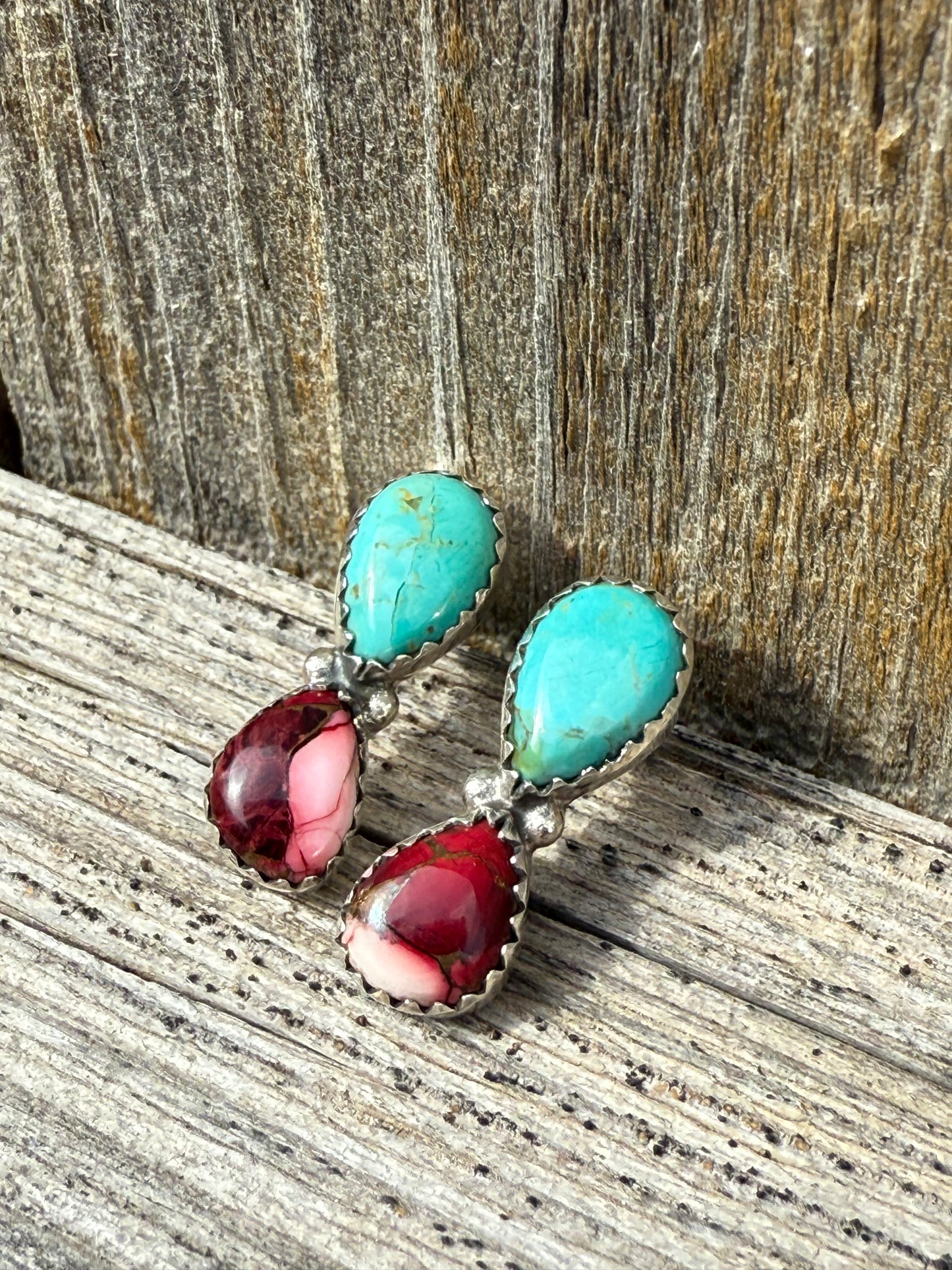 Turquoise and Rose Dahlia Teardrop Sterling Silver 925 Earrings