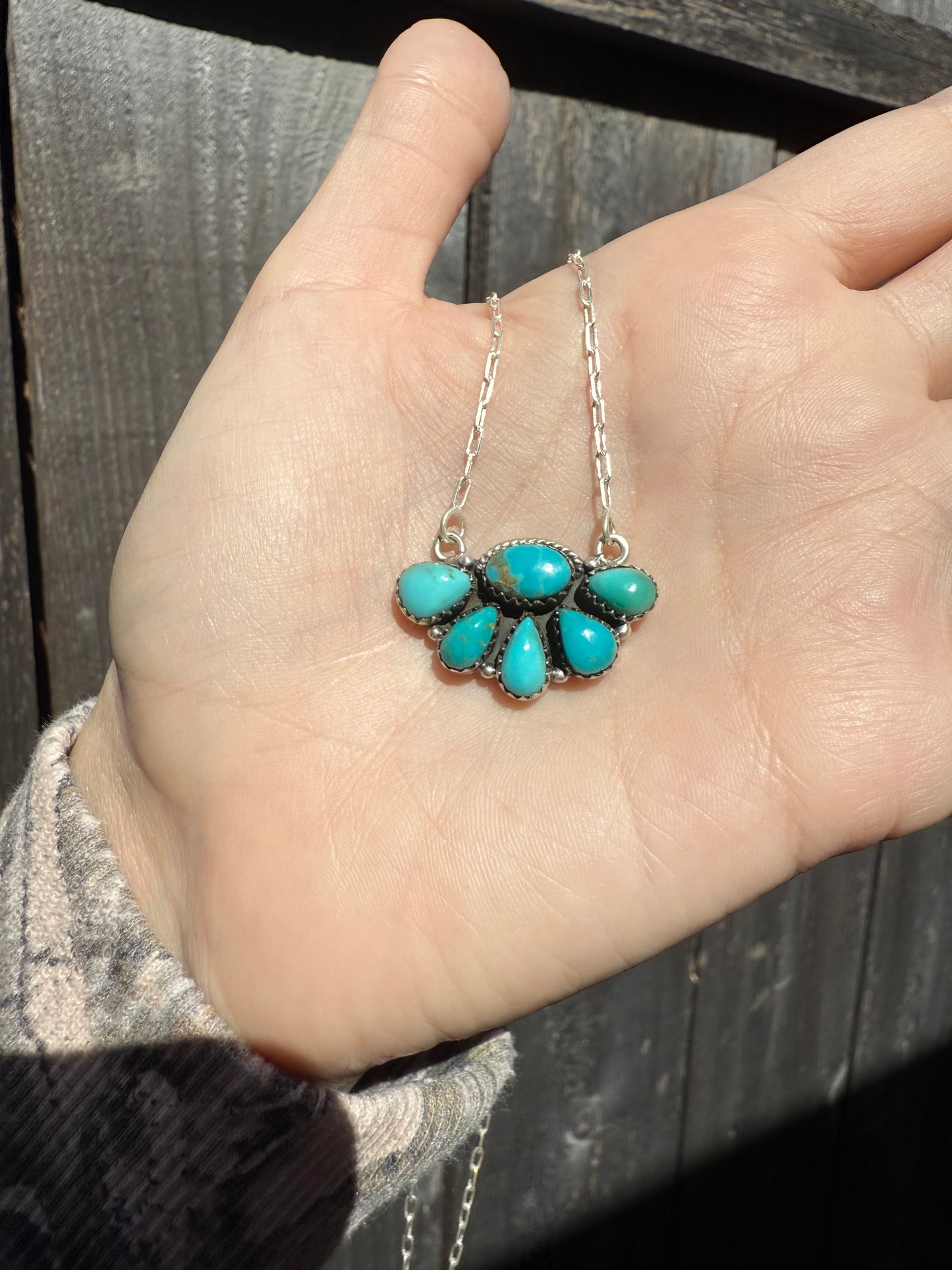 Turquoise Half Cluster Sterling Silver Necklace
