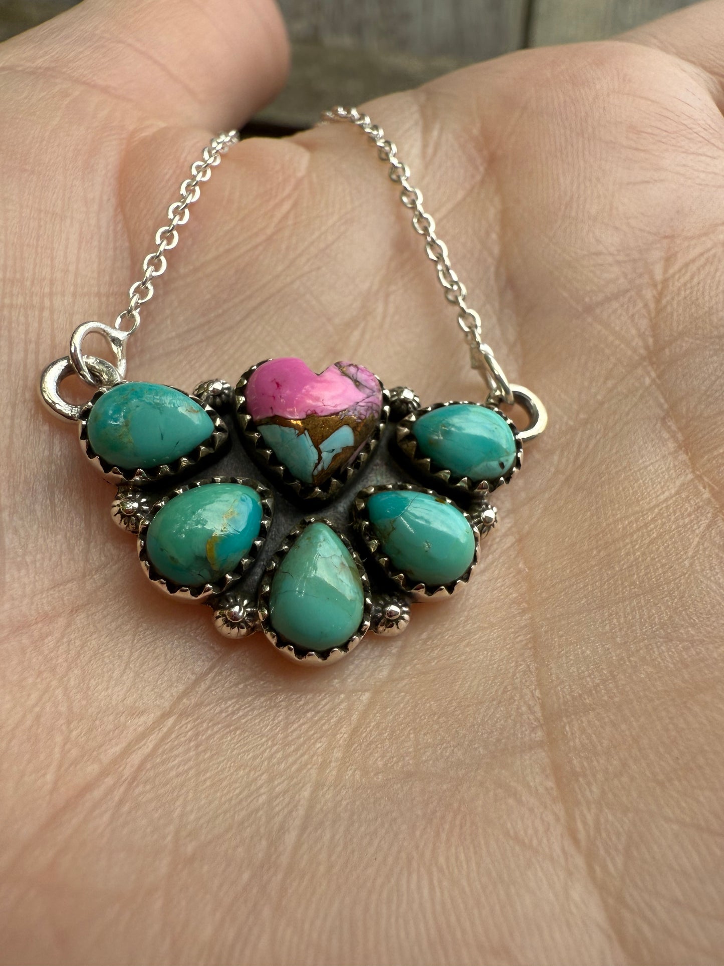 Cotton Candy And Kingman Turquoise Heart Half Flower Sterling Silver Necklace