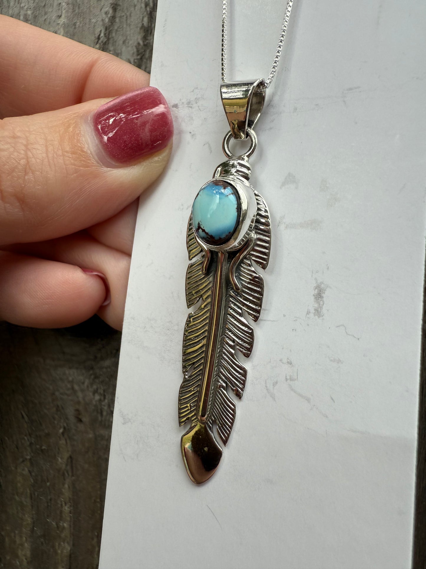 Native Golden Hills Turquoise Feather Sterling Silver Necklace