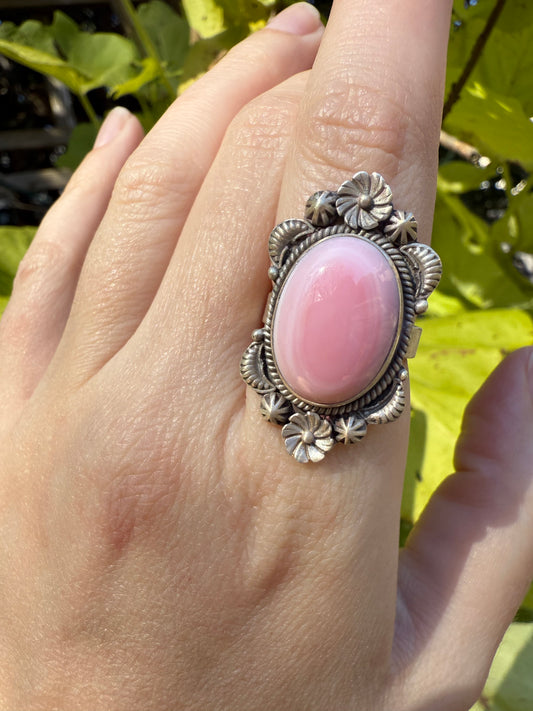 Pink Conch Flower Accent Sterling Silver 925 Adjustable Ring