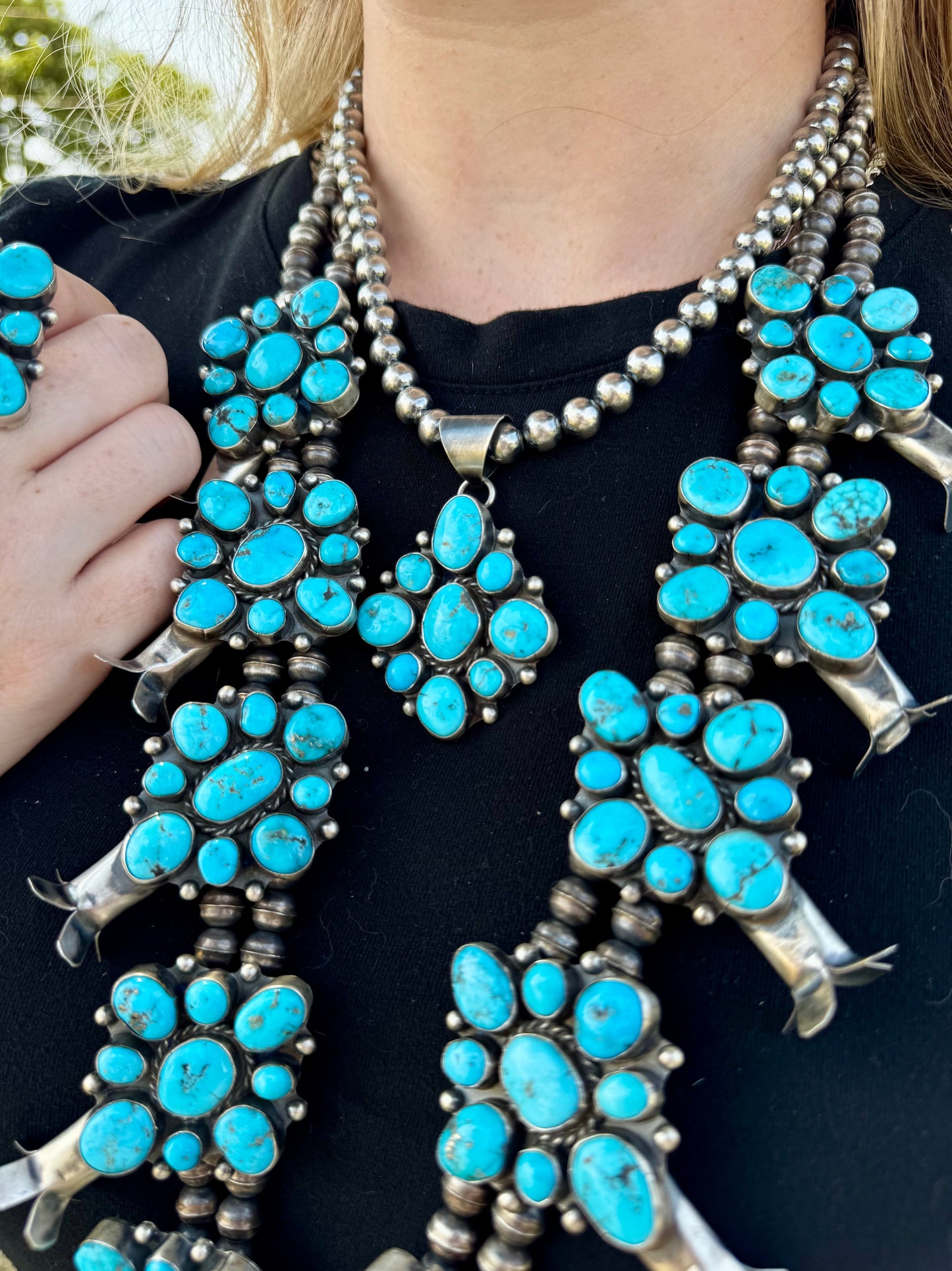 Complete Squash Blossom Set – Kingman Turquoise – Sterling Silver – Navajo Made by Wilson Dawes