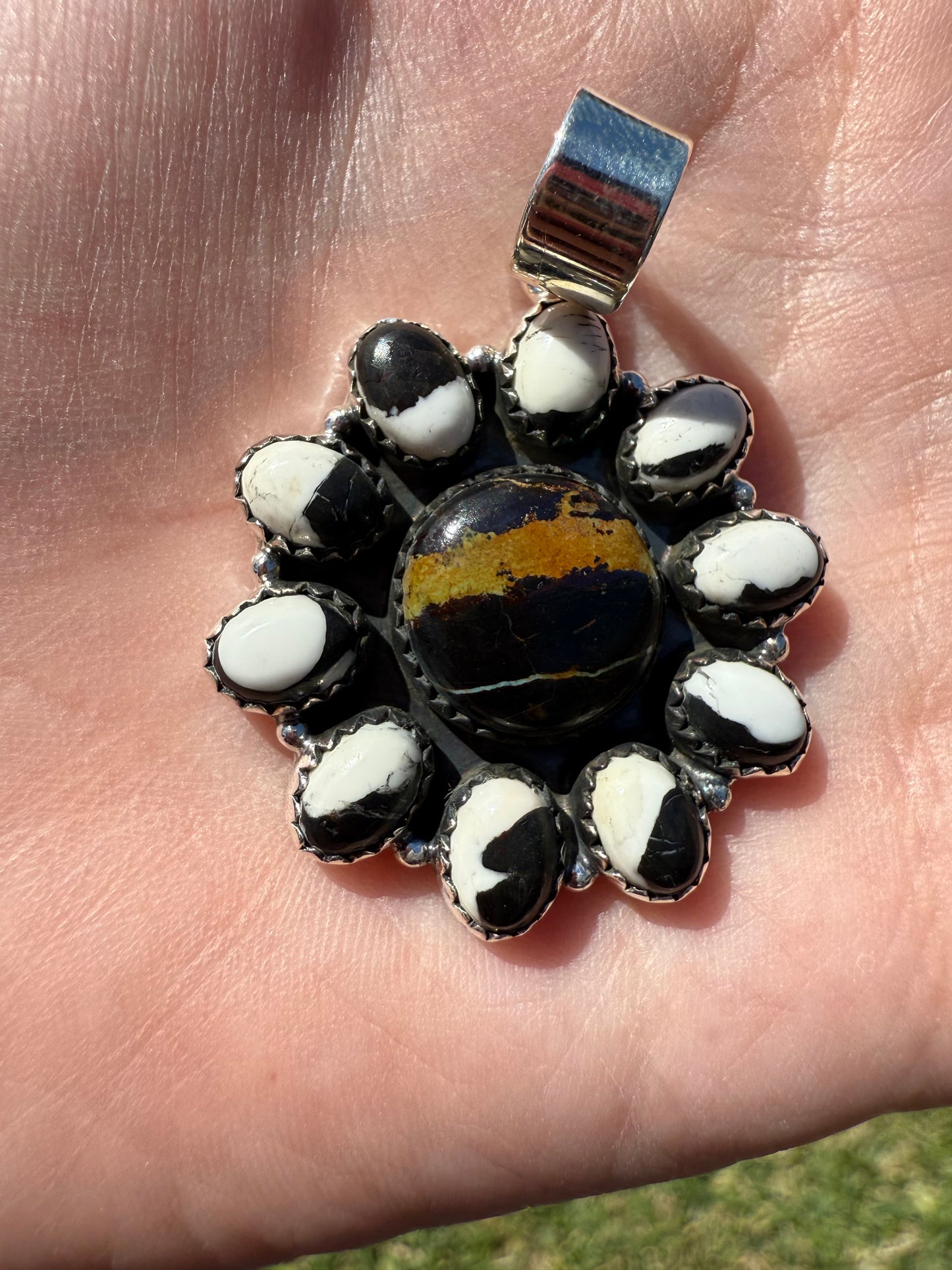 Blackjack And White Buffalo Full Flower Cluster Sterling Silver Pendant