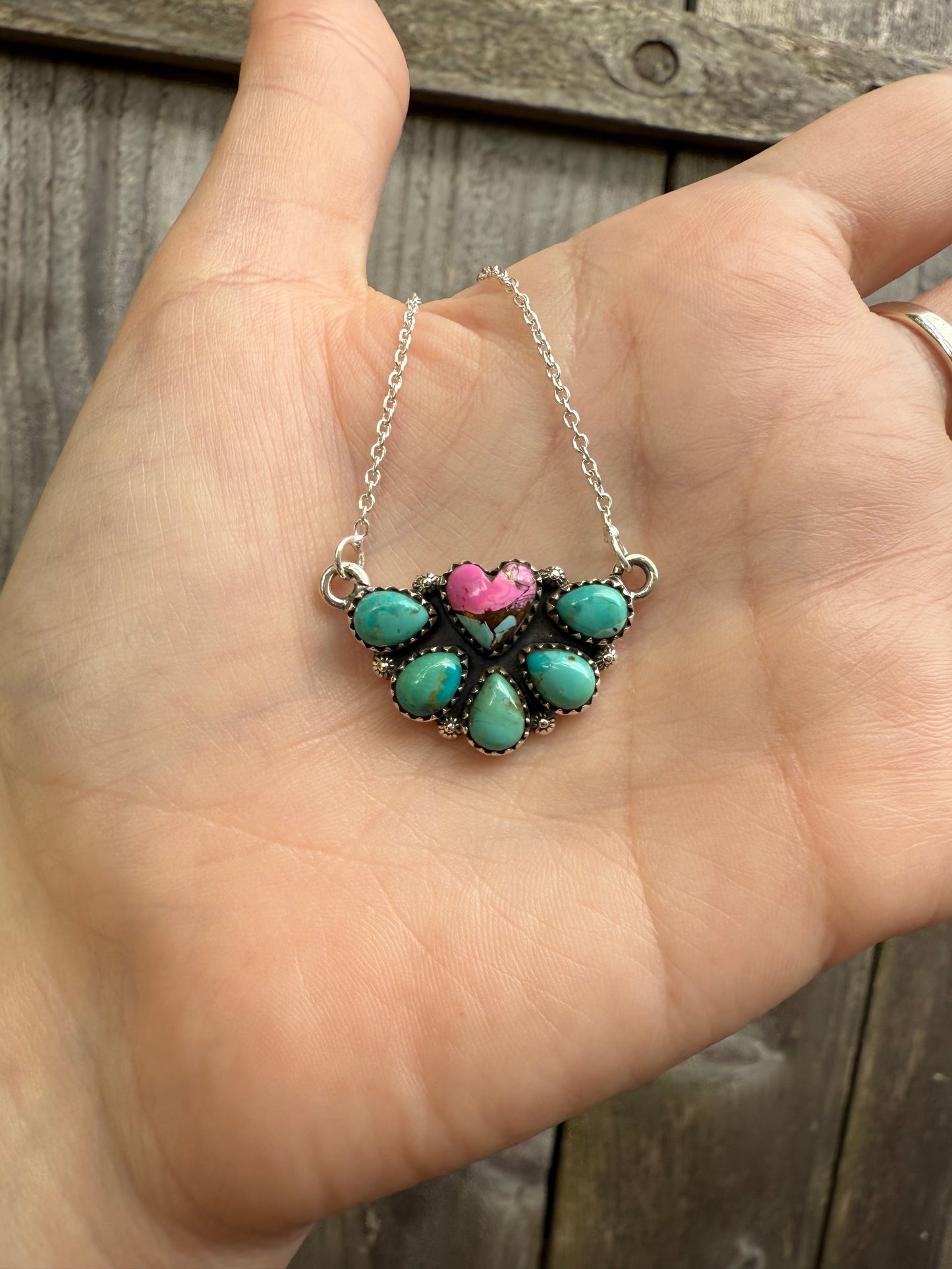 Cotton Candy And Kingman Turquoise Heart Half Flower Sterling Silver Necklace