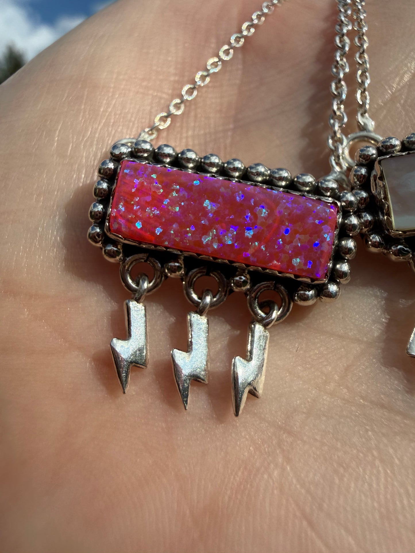 Lightening Bolt Triple Dangle Bar Sterling Silver Gemstone Necklace