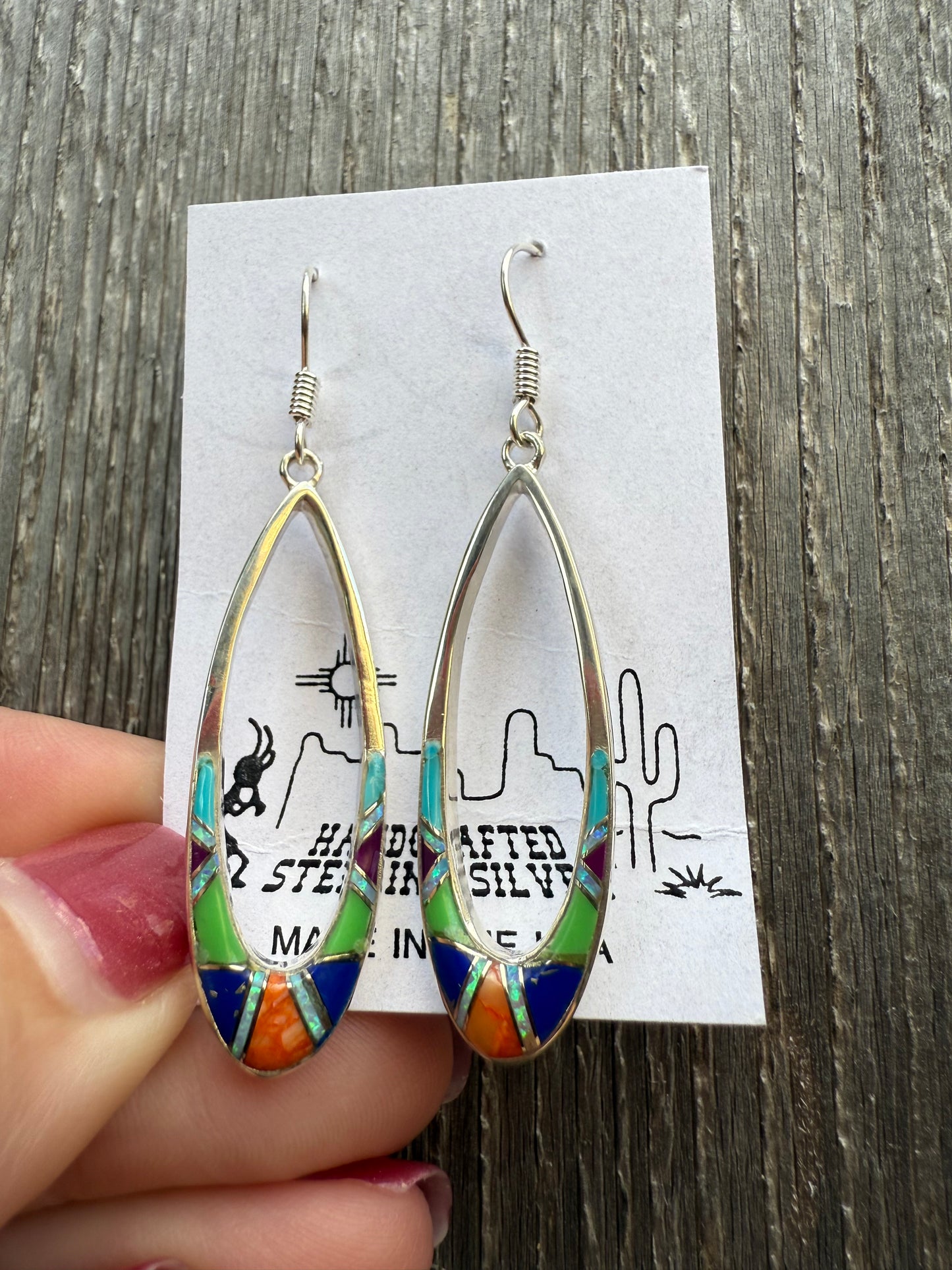 Multi Color Inlay Dangle Hoop Sterling Silver Earrings