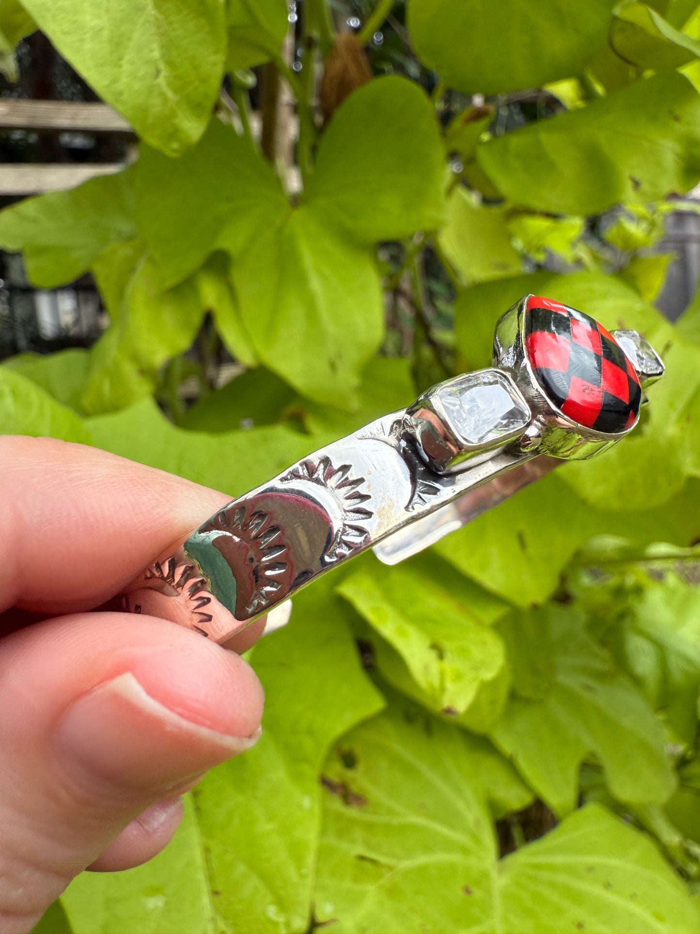 Red and Black Checkered Sterling Silver 925 Cuff