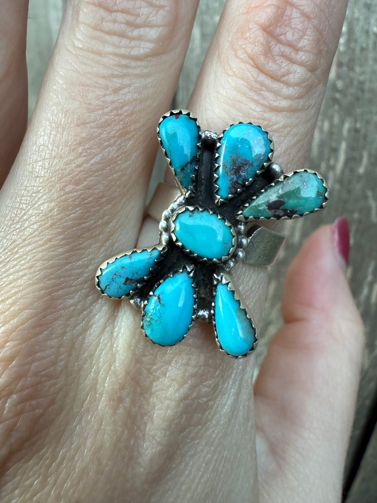 Turquoise Cluster Sterling Silver 925 Adjustable Ring