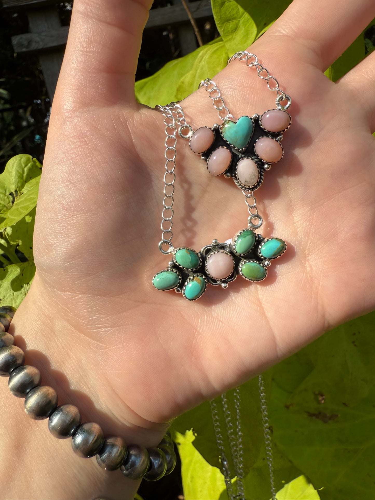 Turquoise and Pink Opal Heart Sterling Silver Necklace