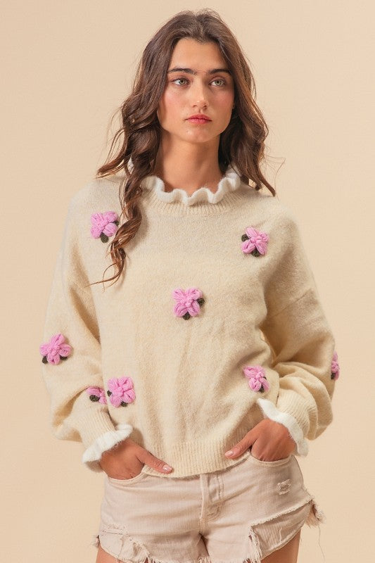 Posie BiBi Ruffled Crochet Flower Dropped Shoulder Sweater