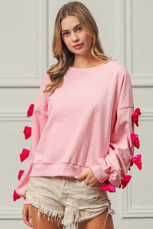 Velvet Ribbon Bows Long Sleeve Round Neck Sweatshirt