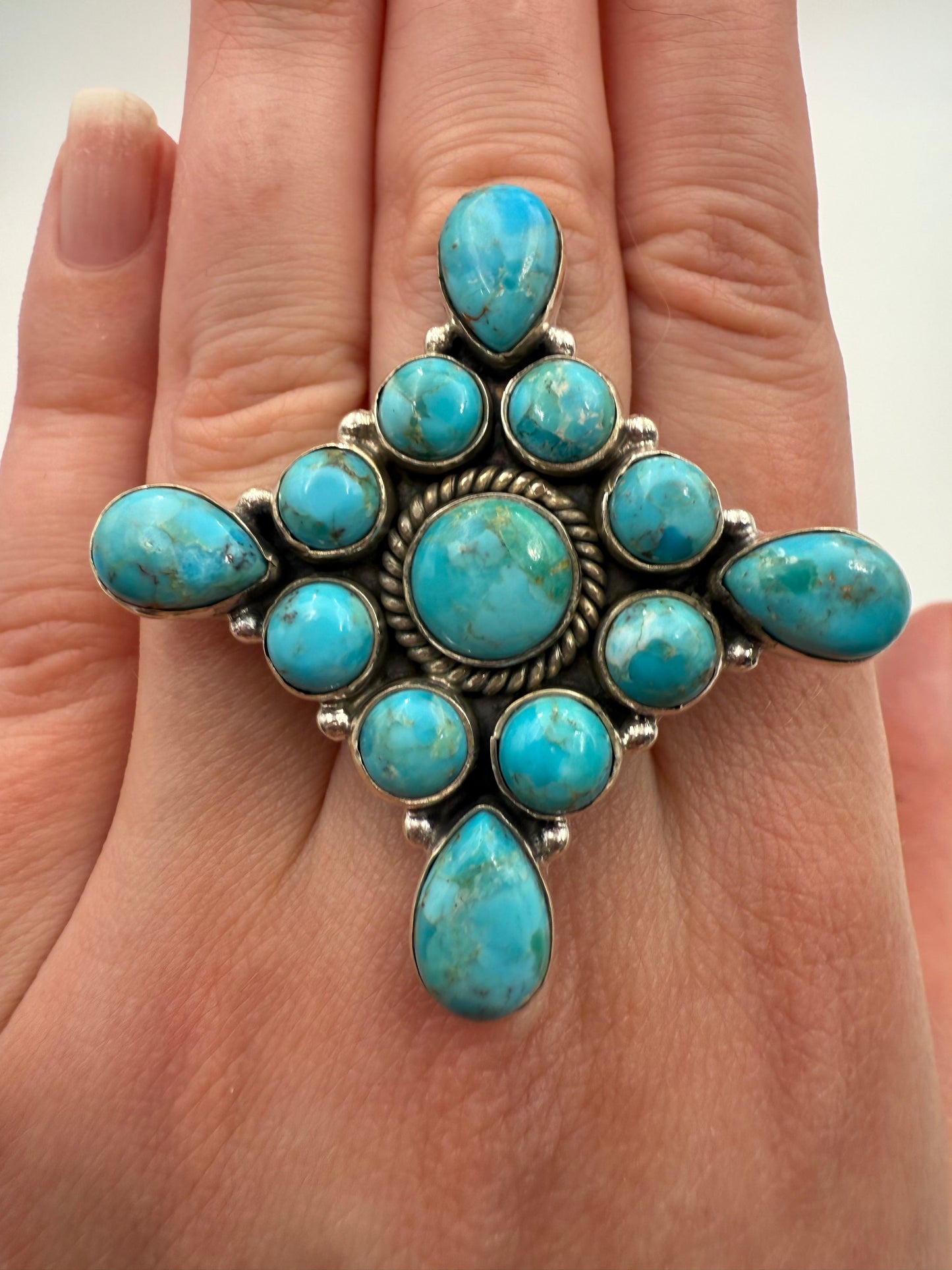 Turquoise Starburst Cluster Adjustable Sterling Silver Ring