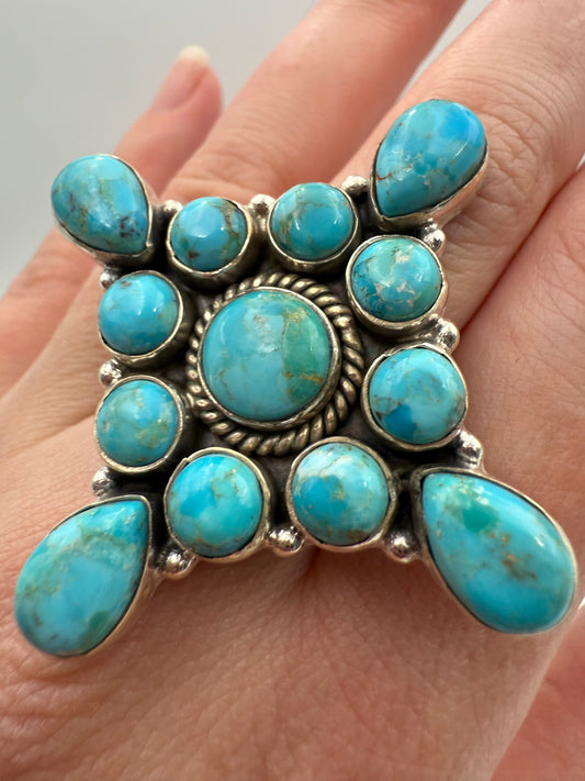 Turquoise Starburst Cluster Adjustable Sterling Silver Ring
