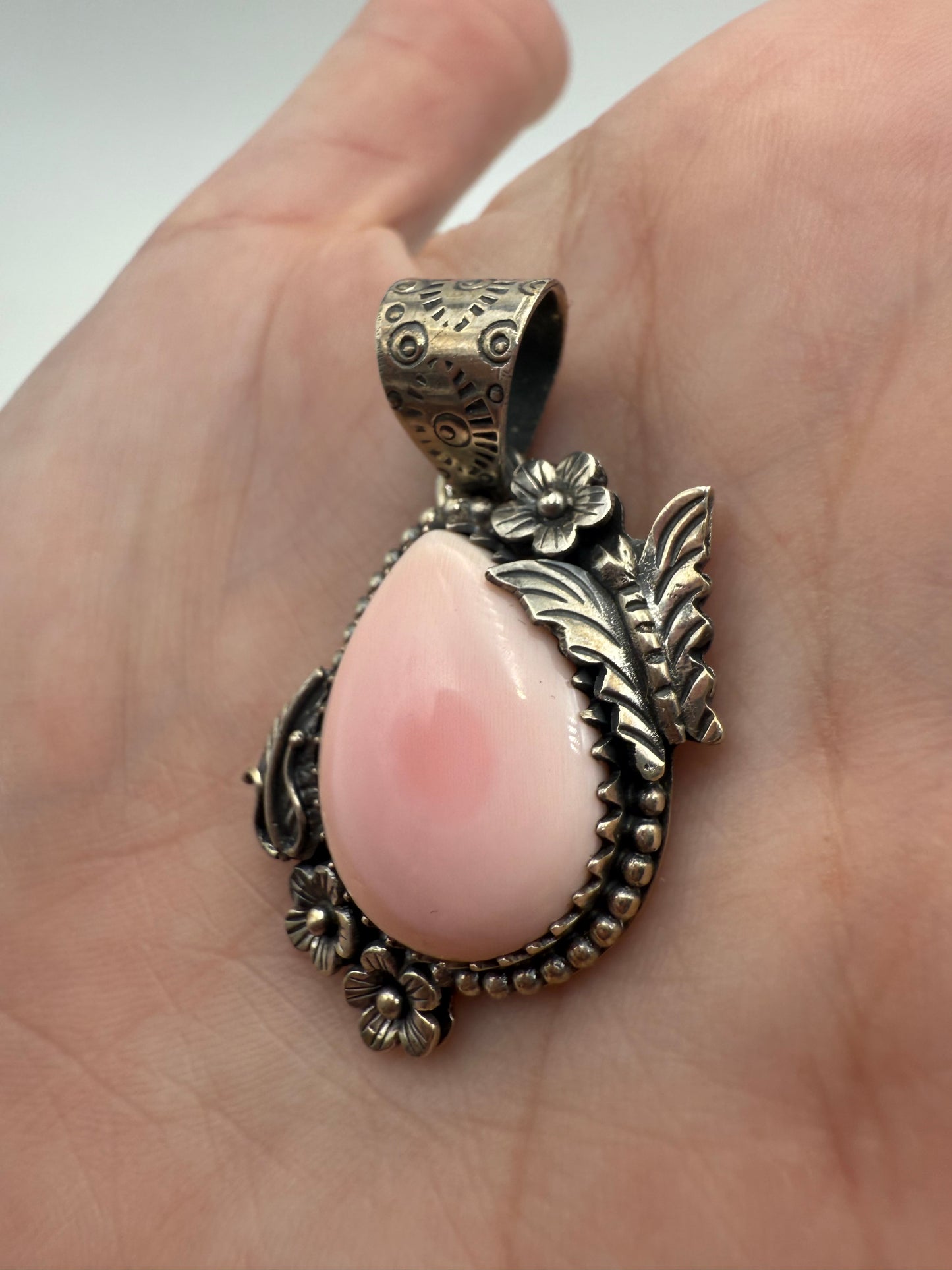 Pink Conch Butterfly and Flower Accent Sterling Silver Tear Drop Pendant