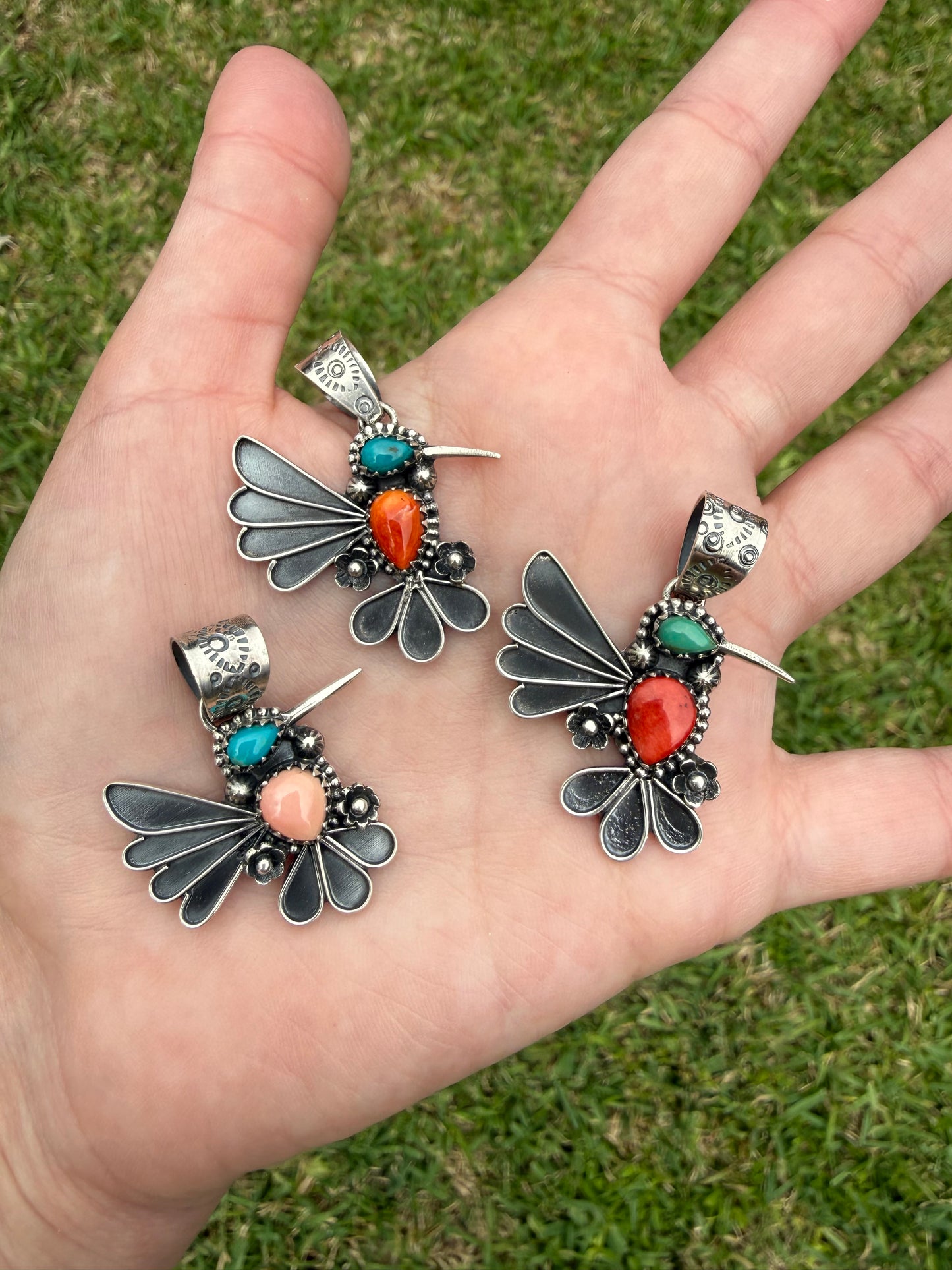 Multi Stone Hummingbird Sterling Silver Pendant