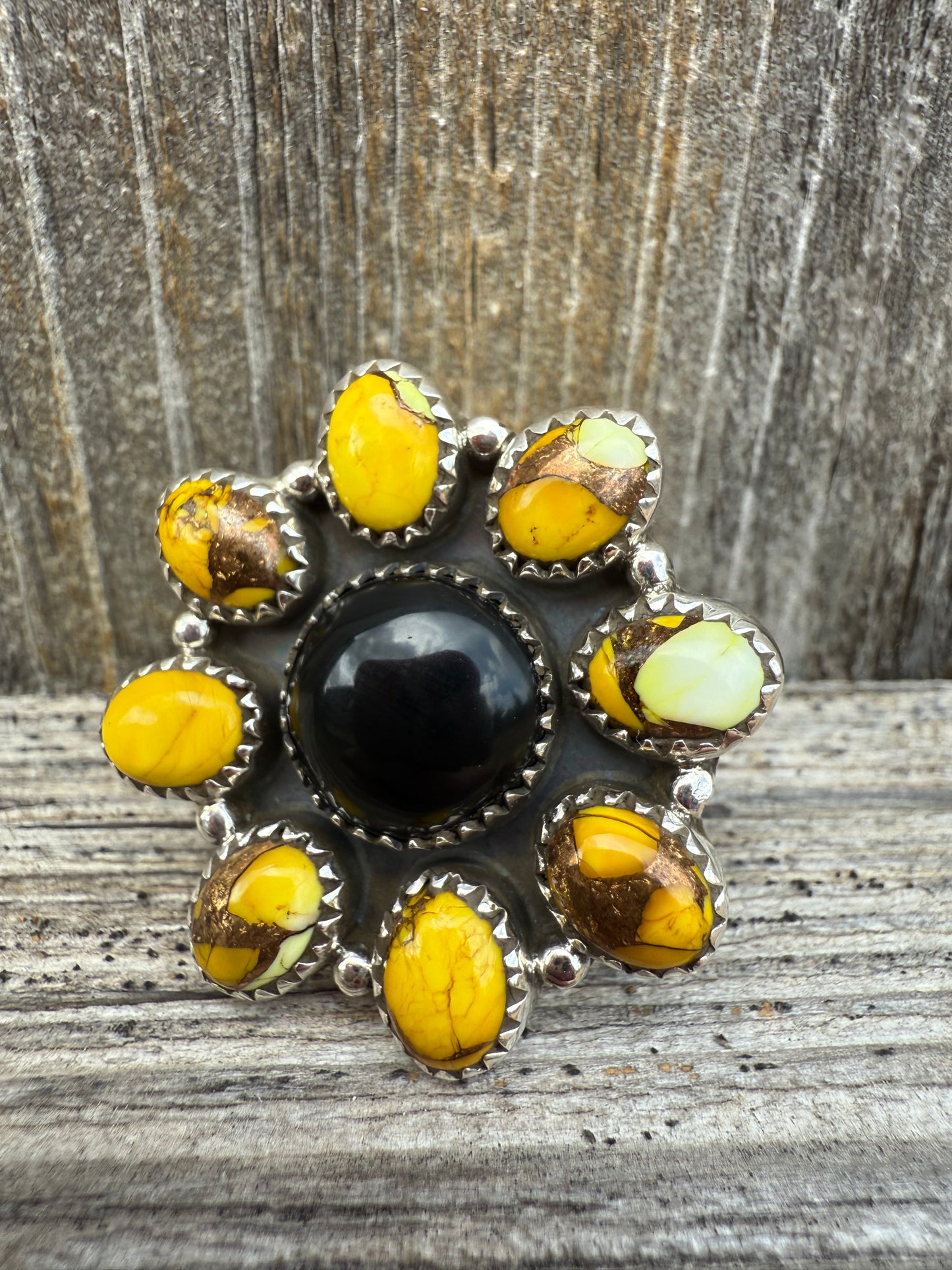 Honey Dahlia & Black Onyx Gemstone Sterling Silver Size 7 Adjustable Ring