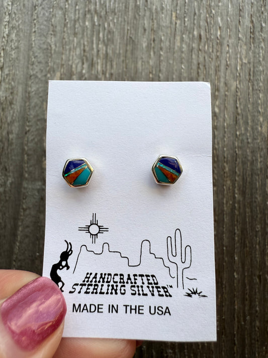 Multi Color Turquoise Inlayed Stud Post Sterling Silver Earrings