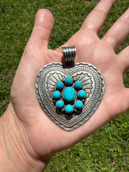 Navajo Turquoise Full Flower Cluster on Sterling Silver Heart Pendant