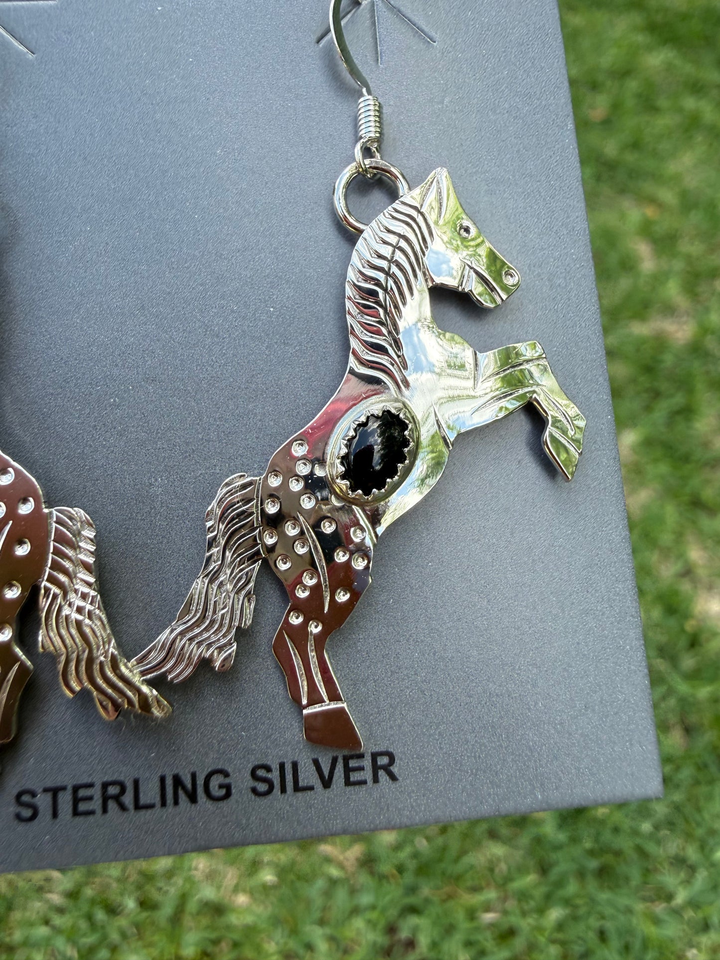 Navajo Black Onyx Horse Sterling Silver Earrings by Louise Yazzie