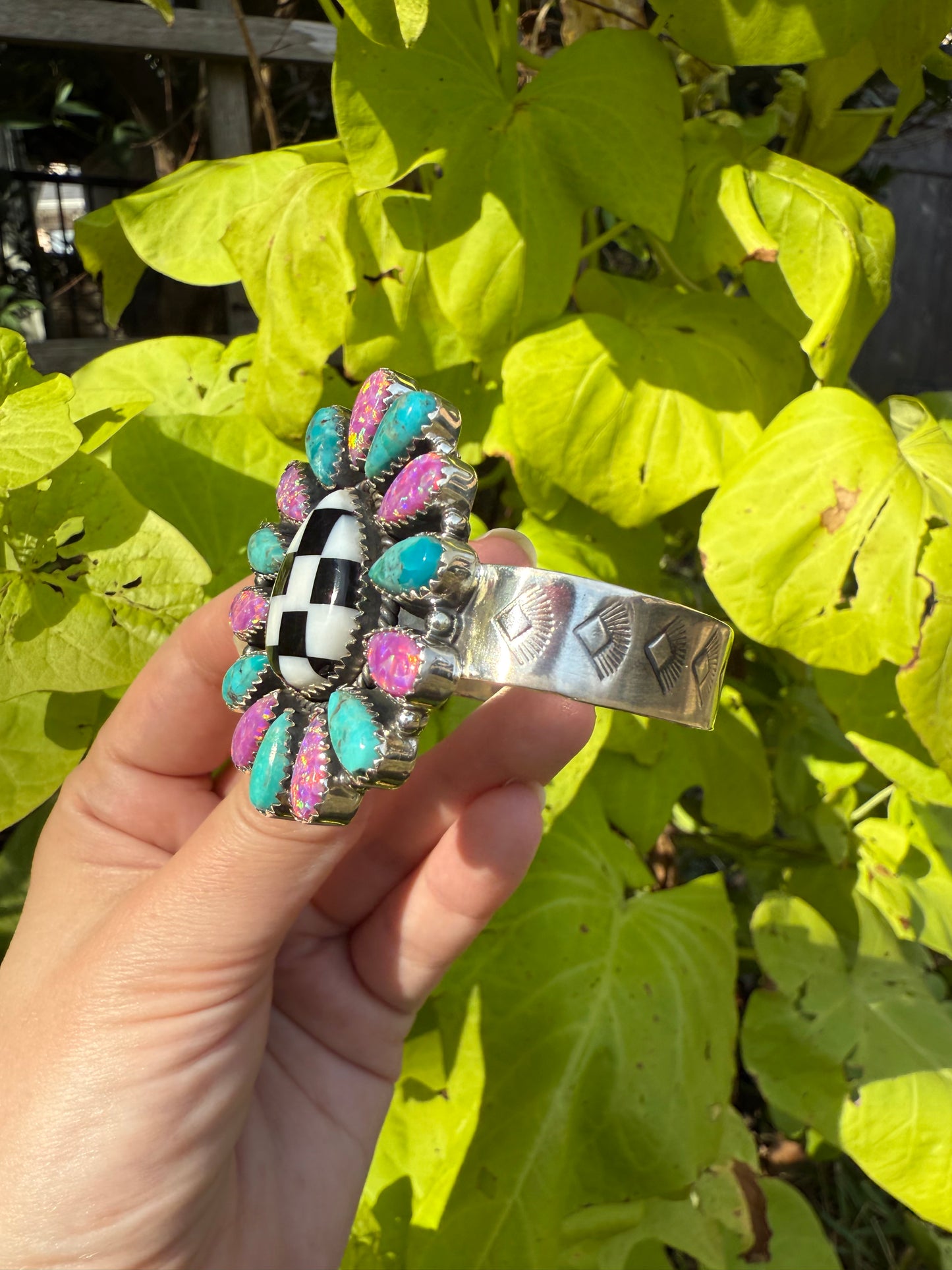Checkered Pink and Blue Balloon Opal Statement Sterling Silver Cuff