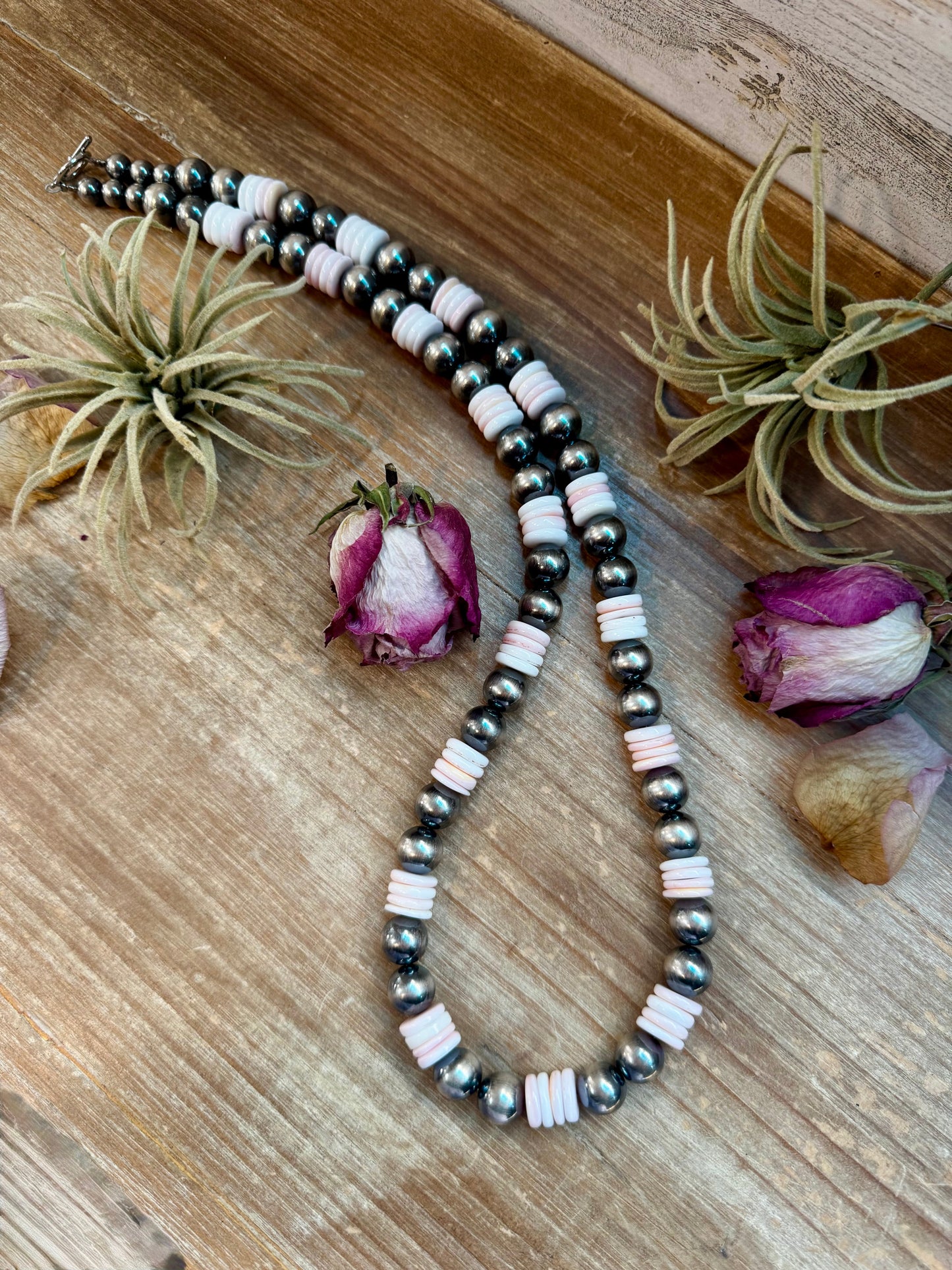 NFR Collection Necklace – 12mm Sterling Silver Pearls with 10mm Pink Conch Rondelles – Handmade by The Bijoux FAB – 30"