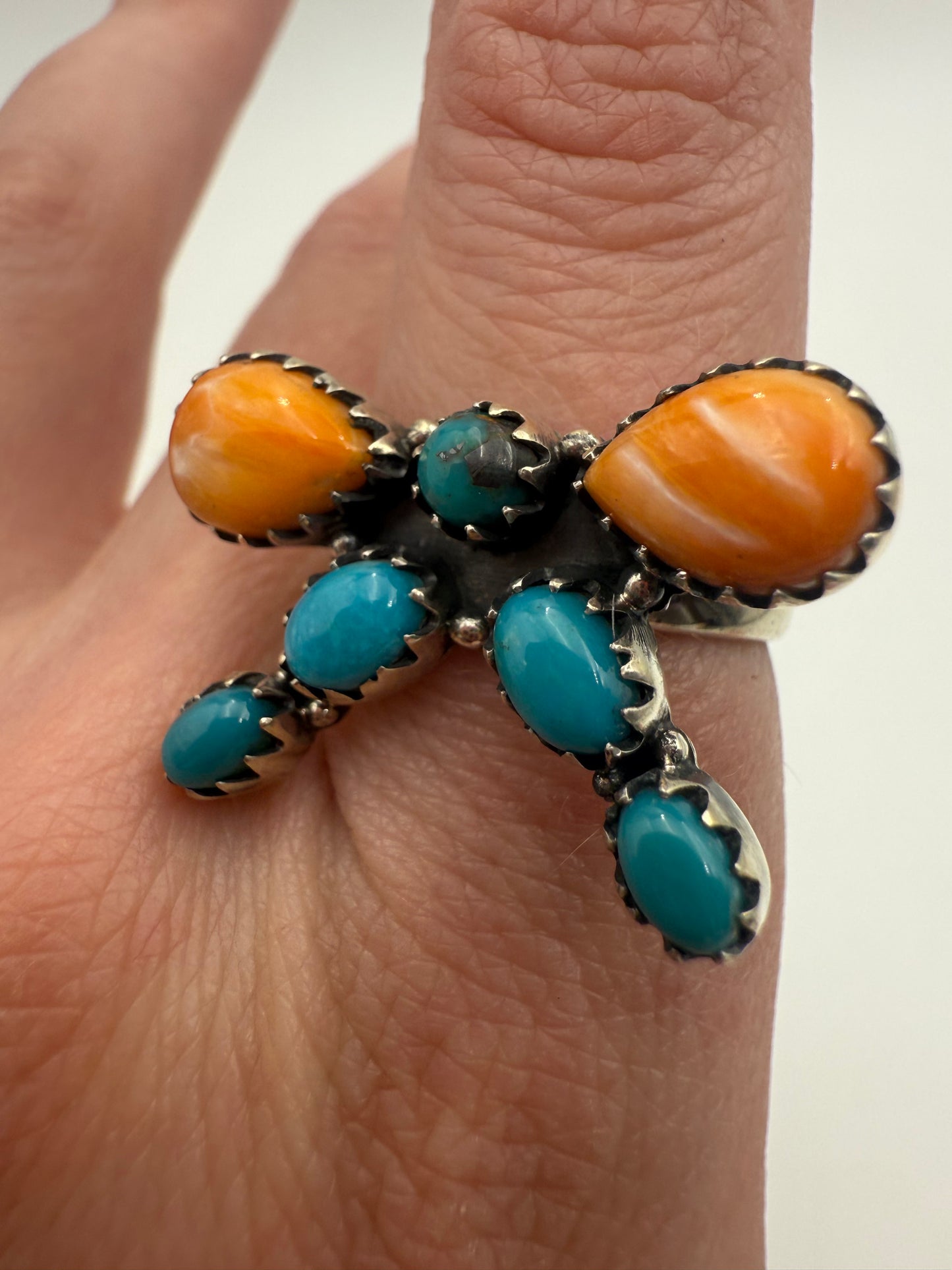 Kingman And Orange Spiny Bow Sterling Silver Ring - Size 7