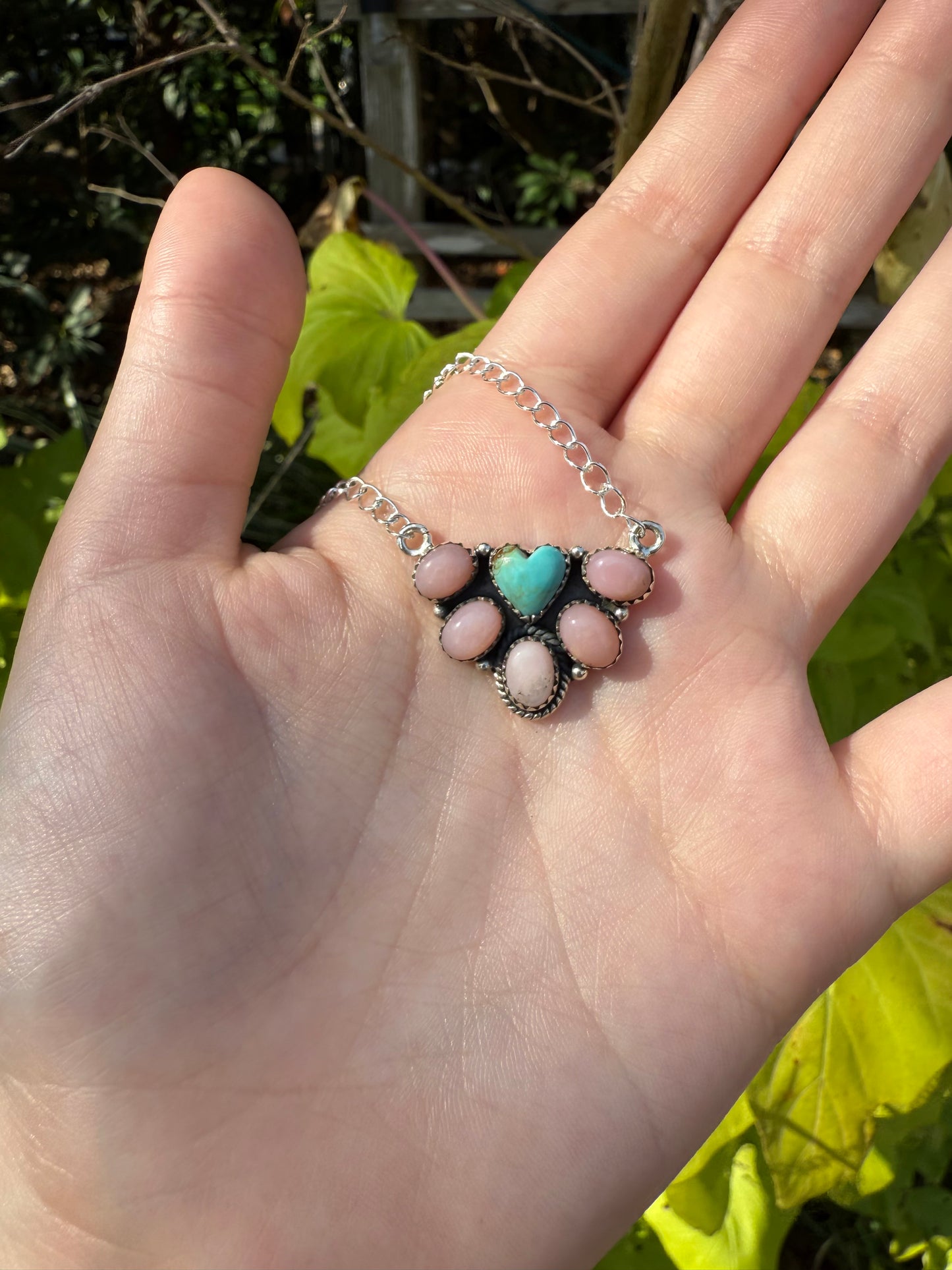 Turquoise and Pink Opal Heart Sterling Silver Necklace