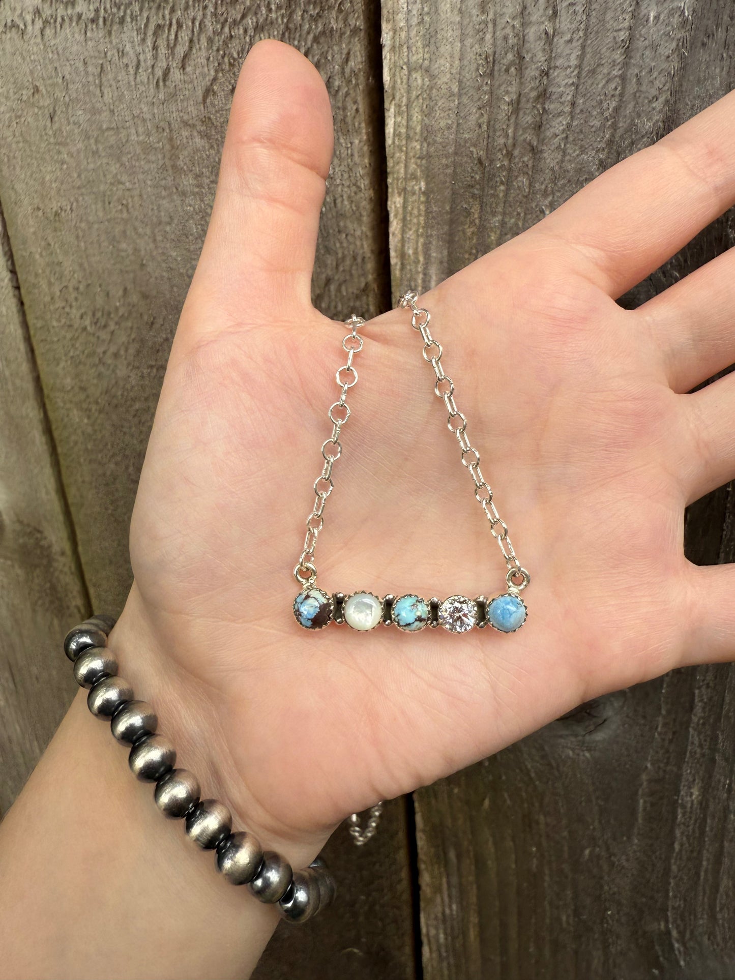 Golden Hills Turquoise, White Shell, and Crystal Bar Sterling Silver Necklace