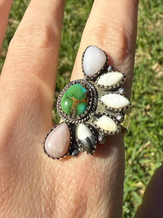 Sonoran Gold Turquoise, White Buffalo, And Pink Opal Sterling Silver Adjustable Ring