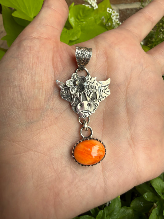 Orange Spiny Cow Sterling Silver Lariat Style Pendant