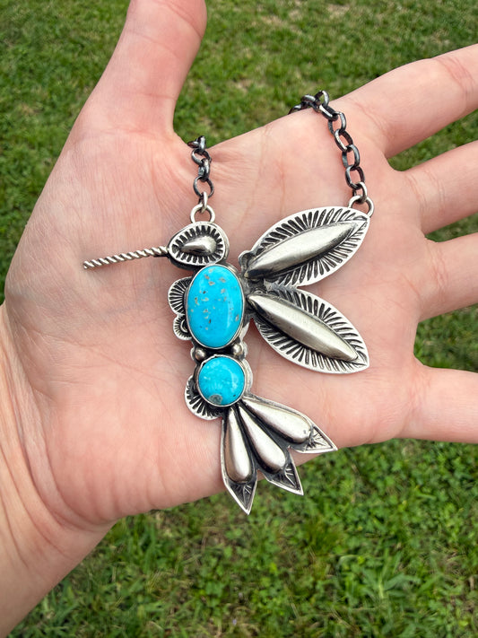 Navajo Blue Ridge Hummingbird Statement Sterling Silver Necklace