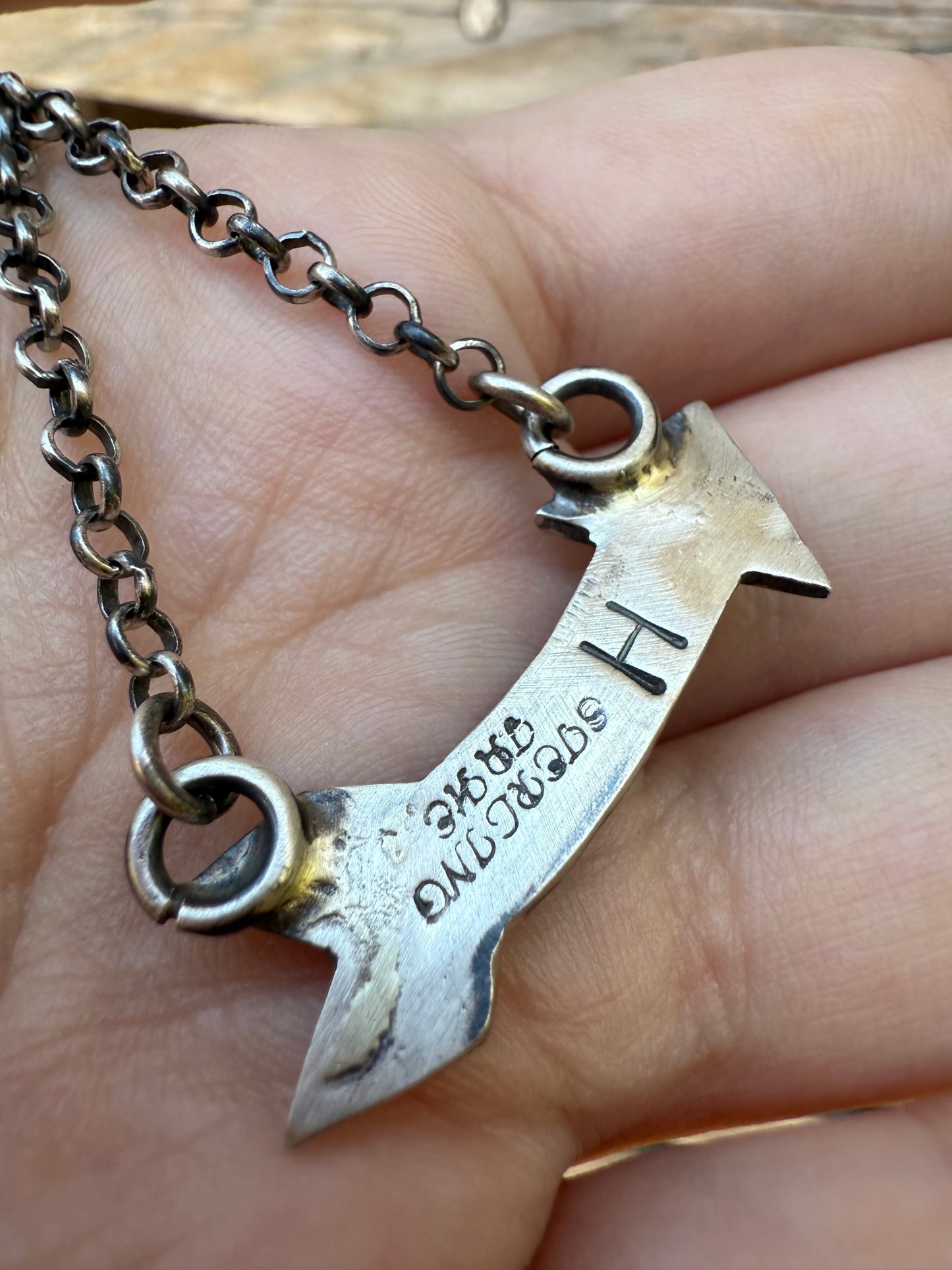 Navajo Mother Of Pearl Arrow Sterling Silver Necklace by Harold Tahe