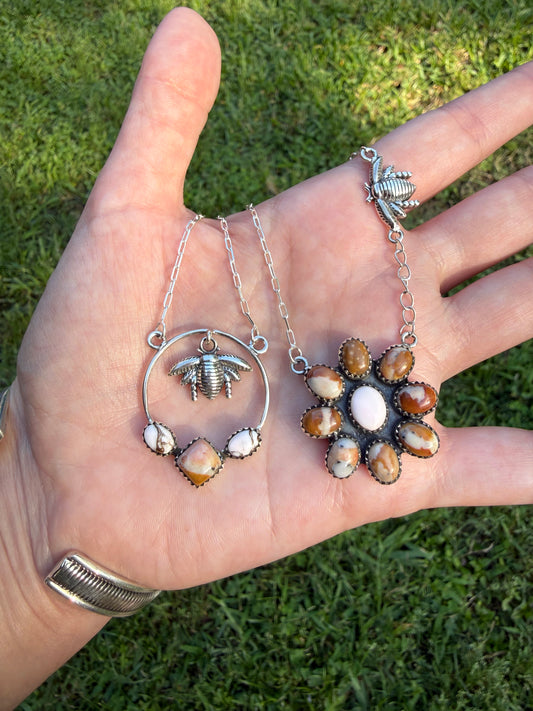 Angel Dahlia & Deer Fawn Honey Bee Sterling Silver Necklace