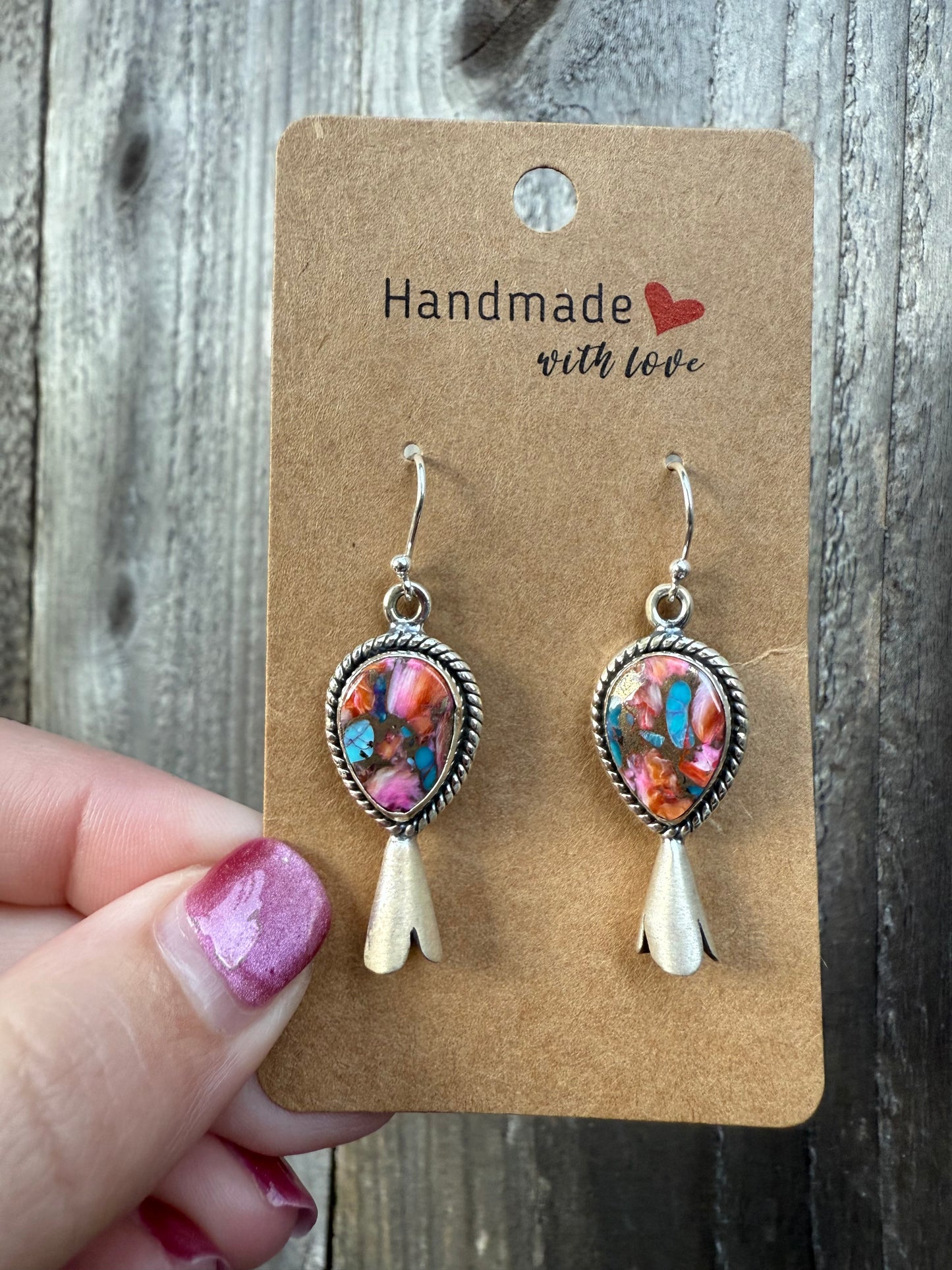 Pink Dahlia Squash Blossom Horn Sterling Silver 925 Dangle Earrings