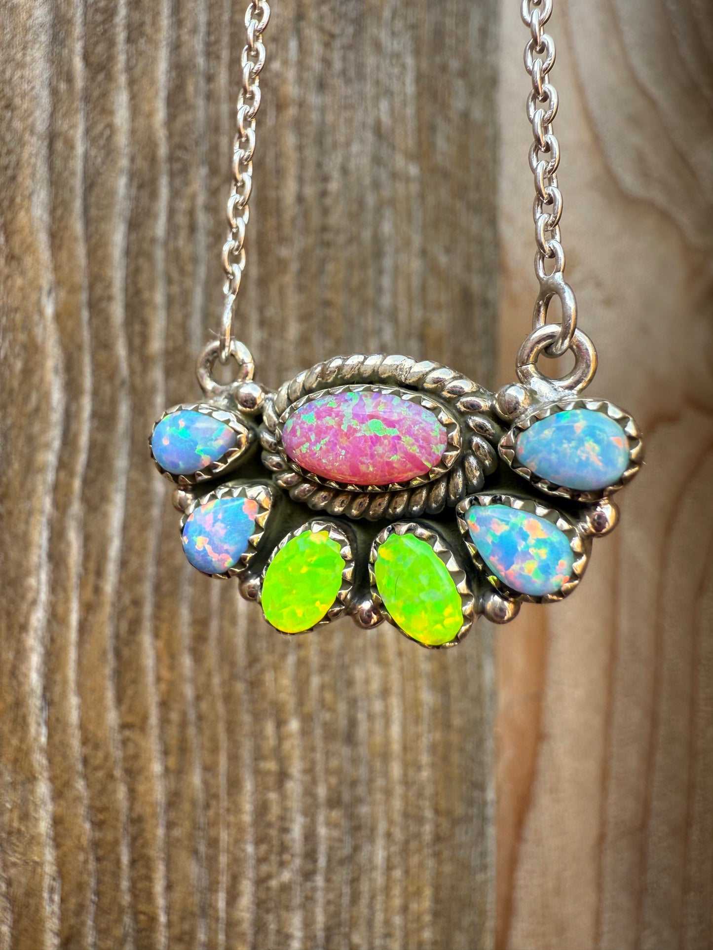 Fire Opal Half Flower Elegant Sterling Silver 925 Necklace