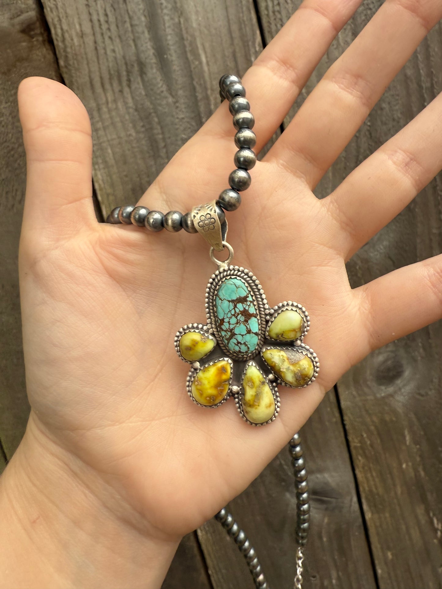 Mine 8 and Palomino Flower Cluster Sterling Silver Pendant