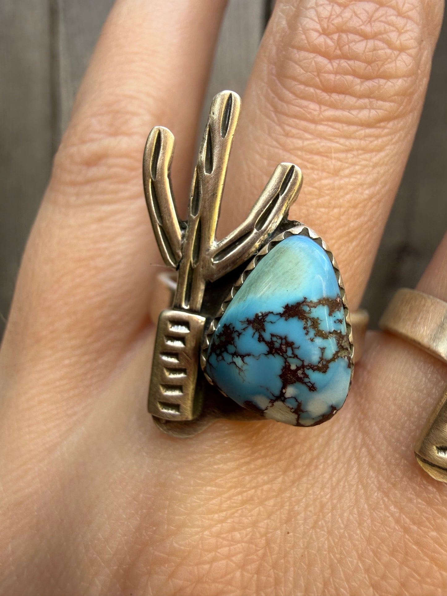 Sonoran Gold and Golden Hills Turquoise Cactus Adjustable Sterling Silver Ring