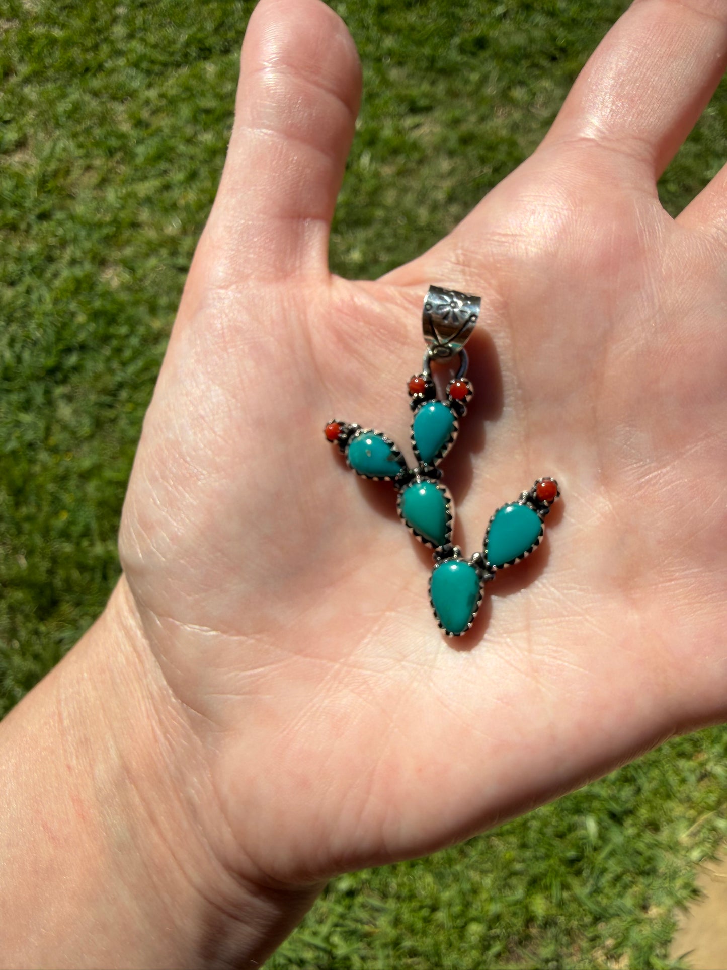 Kingman Turquoise and Coral Sterling Silver Pendant