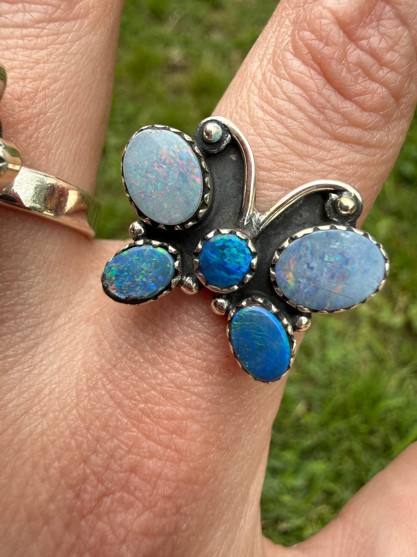 Australian Opal Cute Cluster Sterling Silver Adjustable Rings