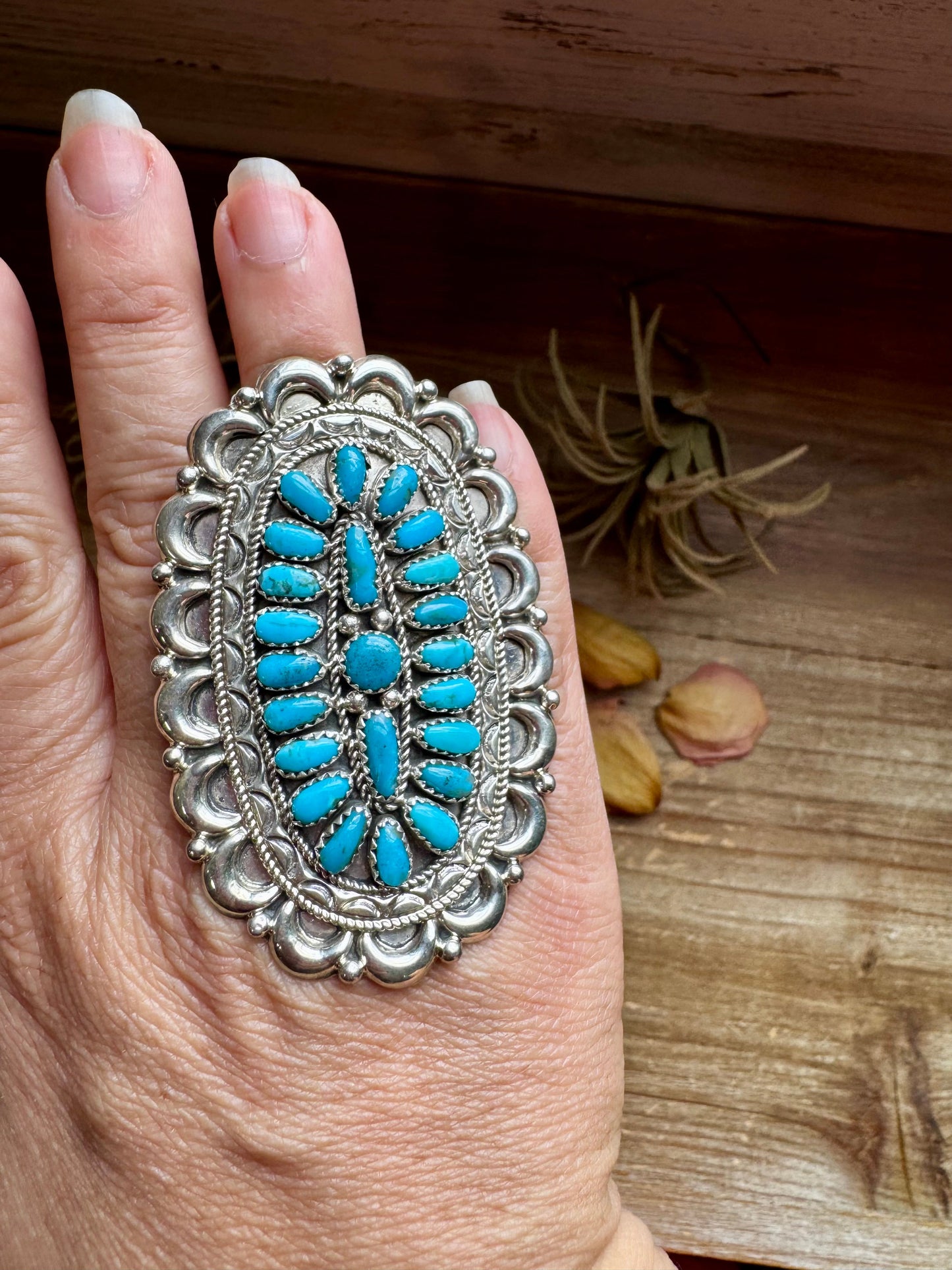 Kingman Turquoise Cluster Ring – Navajo Handmade by Jaz Wilson, Size 7.5