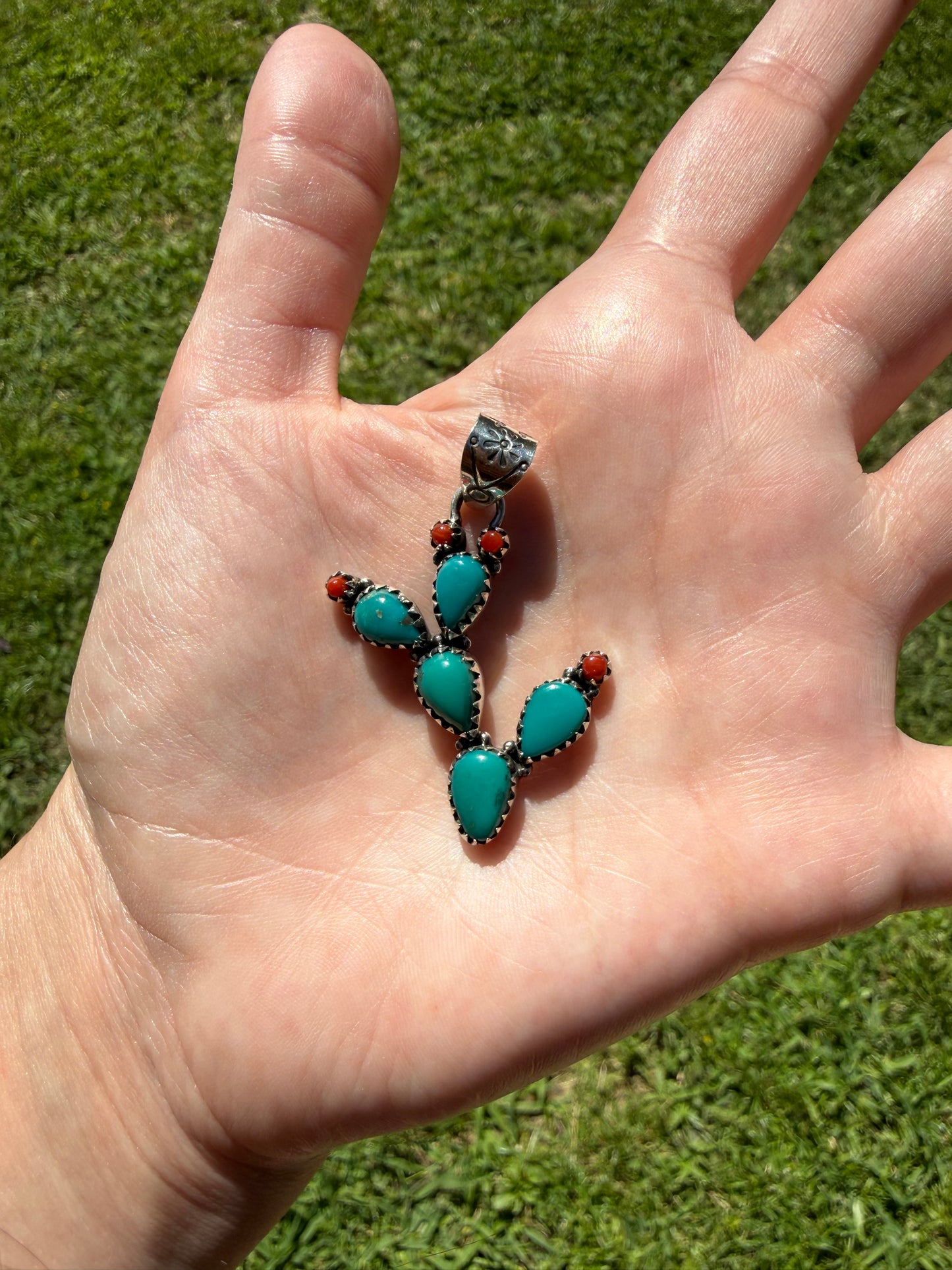 Kingman Turquoise and Coral Sterling Silver Pendant