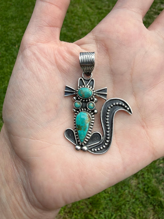 Kingman Turquoise Sterling Silver Cat Pendant