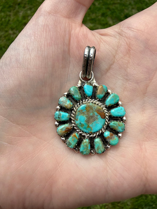 Navajo Turquoise Full Flower Sterling Silver Pendant