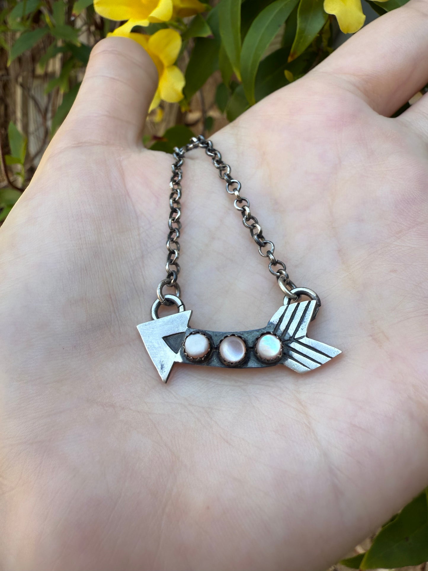 Navajo Mother Of Pearl Arrow Sterling Silver Necklace by Harold Tahe