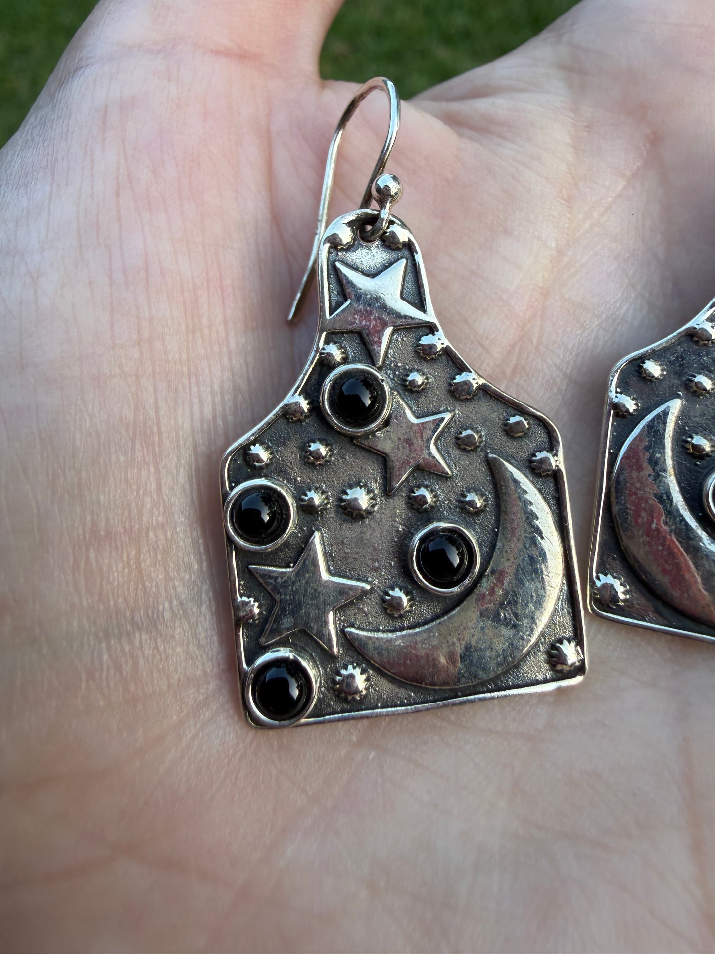 Black Onyx Star and and Moon Cow Tag Style Sterling Silver Earrings